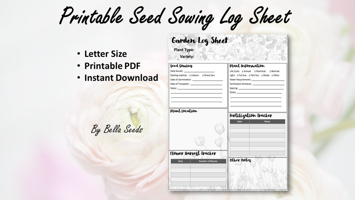 Gardening and Planting Printable Log Sheet, Garden Planner, Cut Flower Planner, Garden Logbook