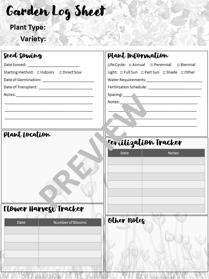 Gardening and Planting Printable Log Sheet, Garden Planner, Cut Flower Planner, Garden Logbook