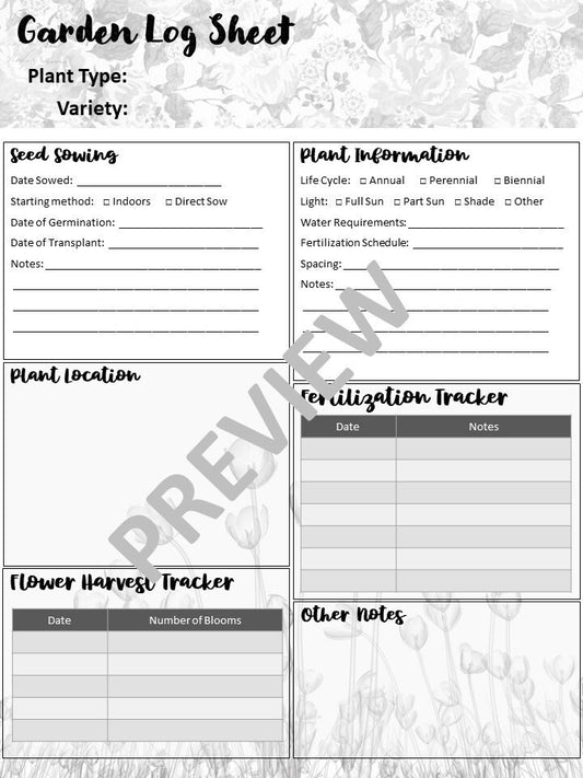 Gardening and Planting Printable Log Sheet, Garden Planner, Cut Flower Planner, Garden Logbook