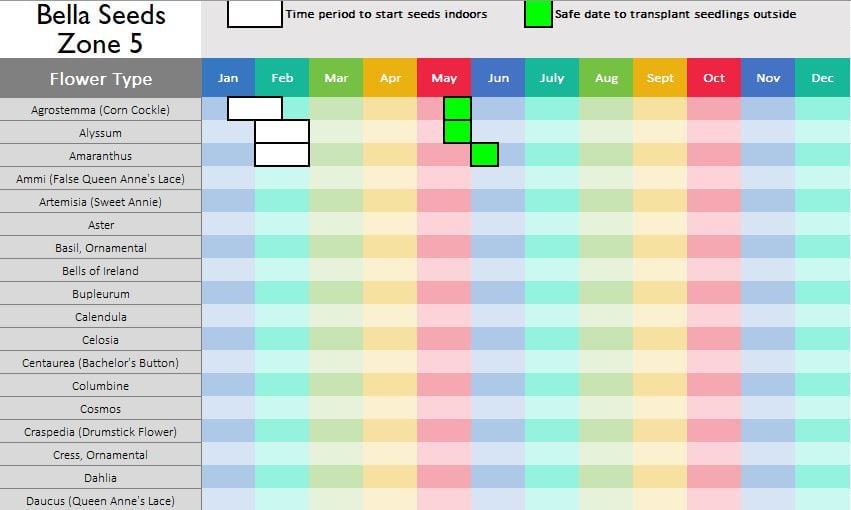Cut Flower Seed Sowing Calendar - Zone 5